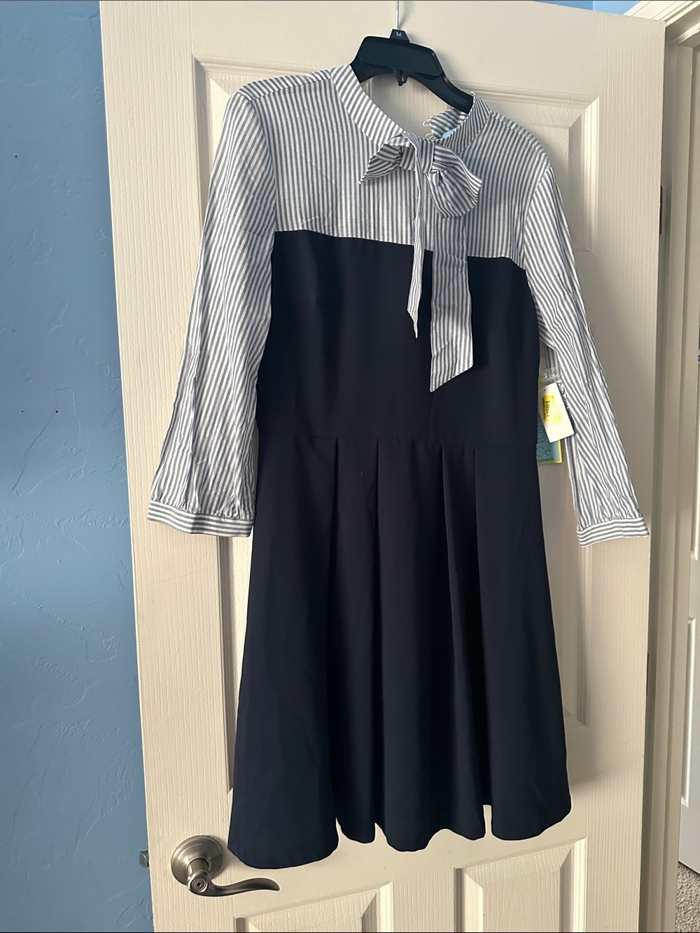 CeCe Navy Dress with White Striped Tie-Neck Bodice